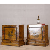 Bedside Cabinet - Gold Lacquer - Black and Red Flowers - 1 Door