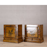 Bedside Cabinet - Gold Lacquer - Black and Red Flowers - 1 Door