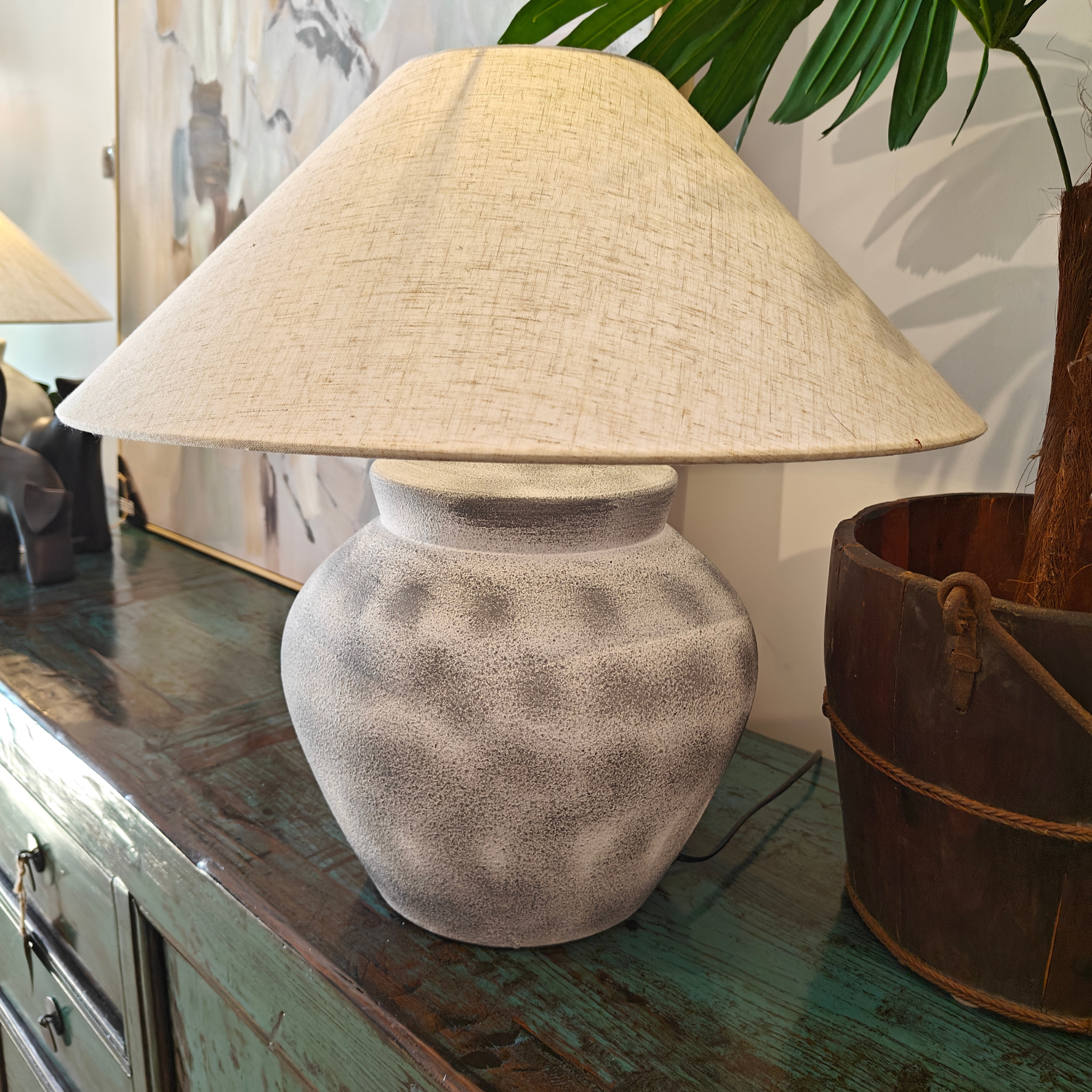 Easton Ceramic Table Lamp with grey base and natural linen conical shade 