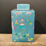 Aqua Square Patterned Ceramic Jar/Urn with Lid