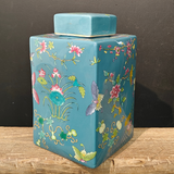 Aqua Square Patterned Ceramic Jar/Urn with Lid